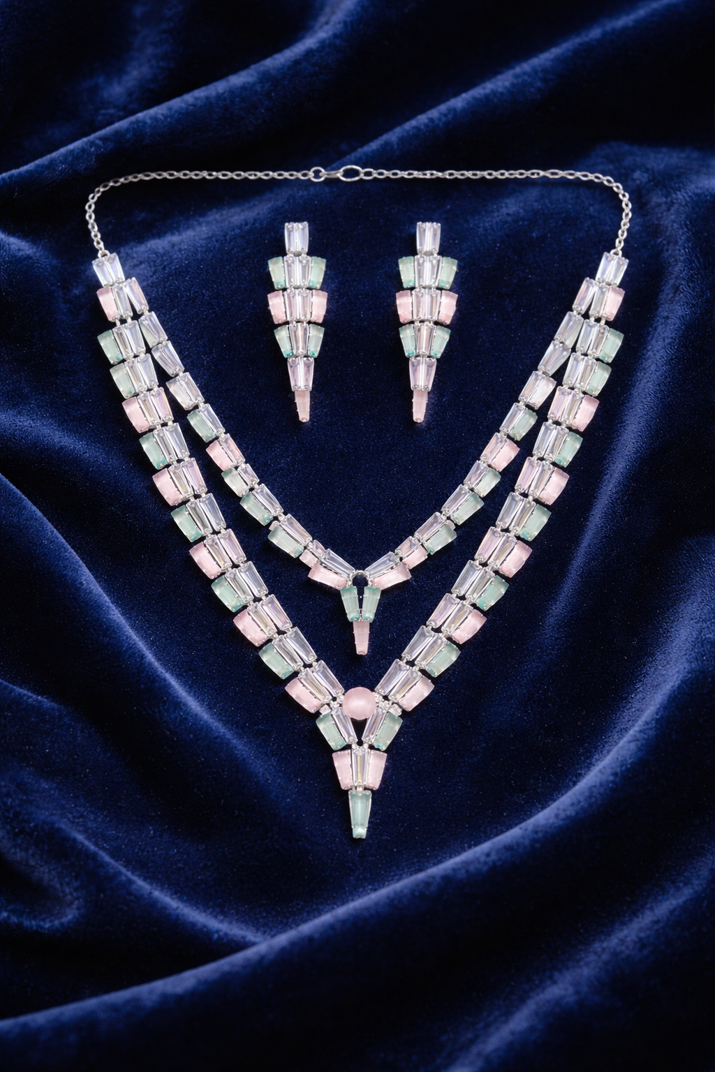 Pastel Crystal Layered Necklace Set with Drop Earrings