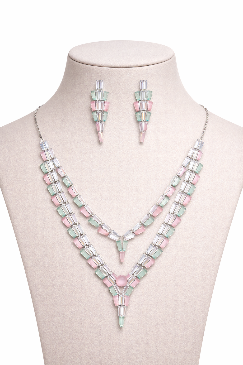 Pastel Crystal Layered Necklace Set with Drop Earrings