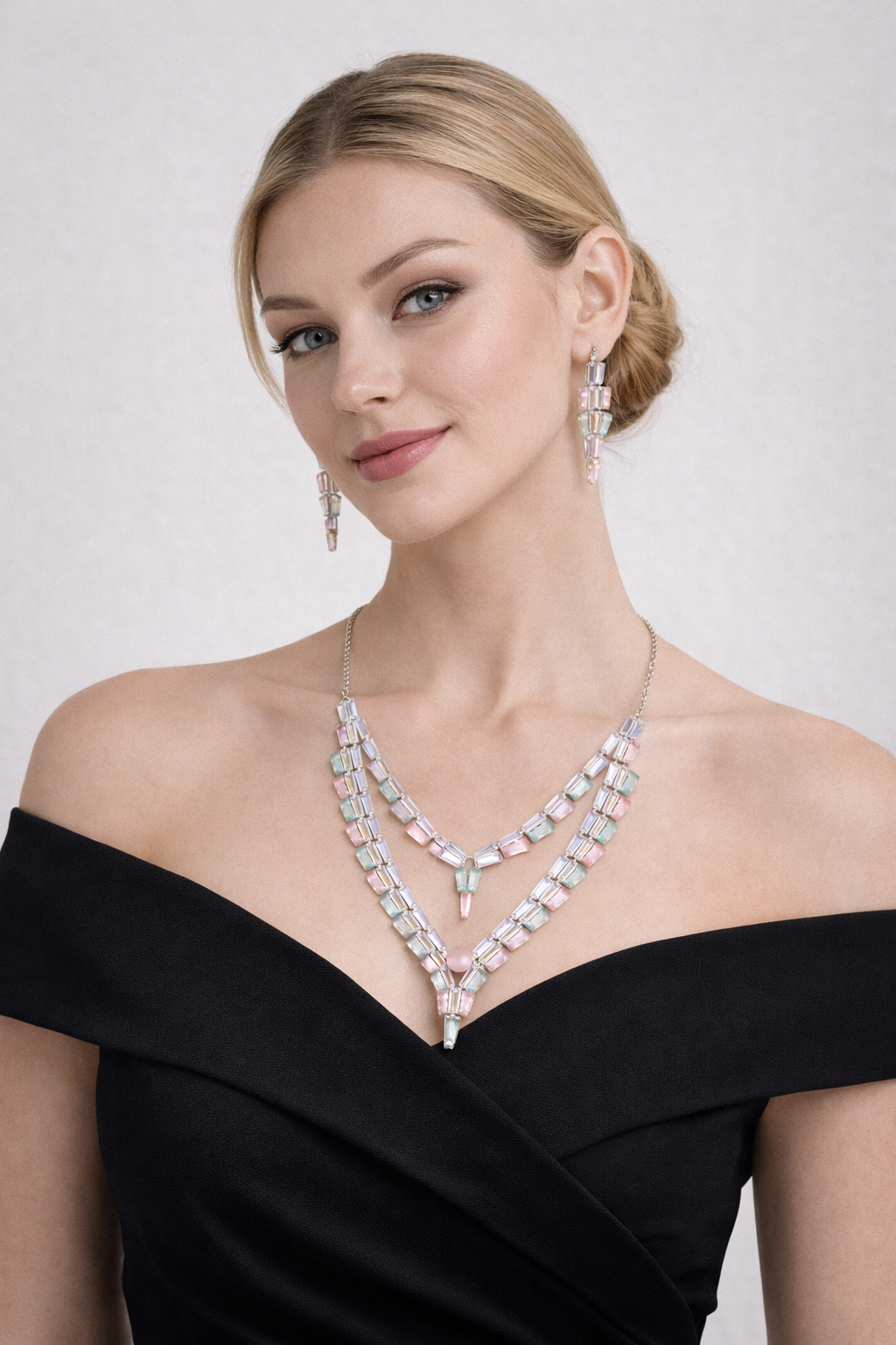 Pastel Crystal Layered Necklace Set with Drop Earrings