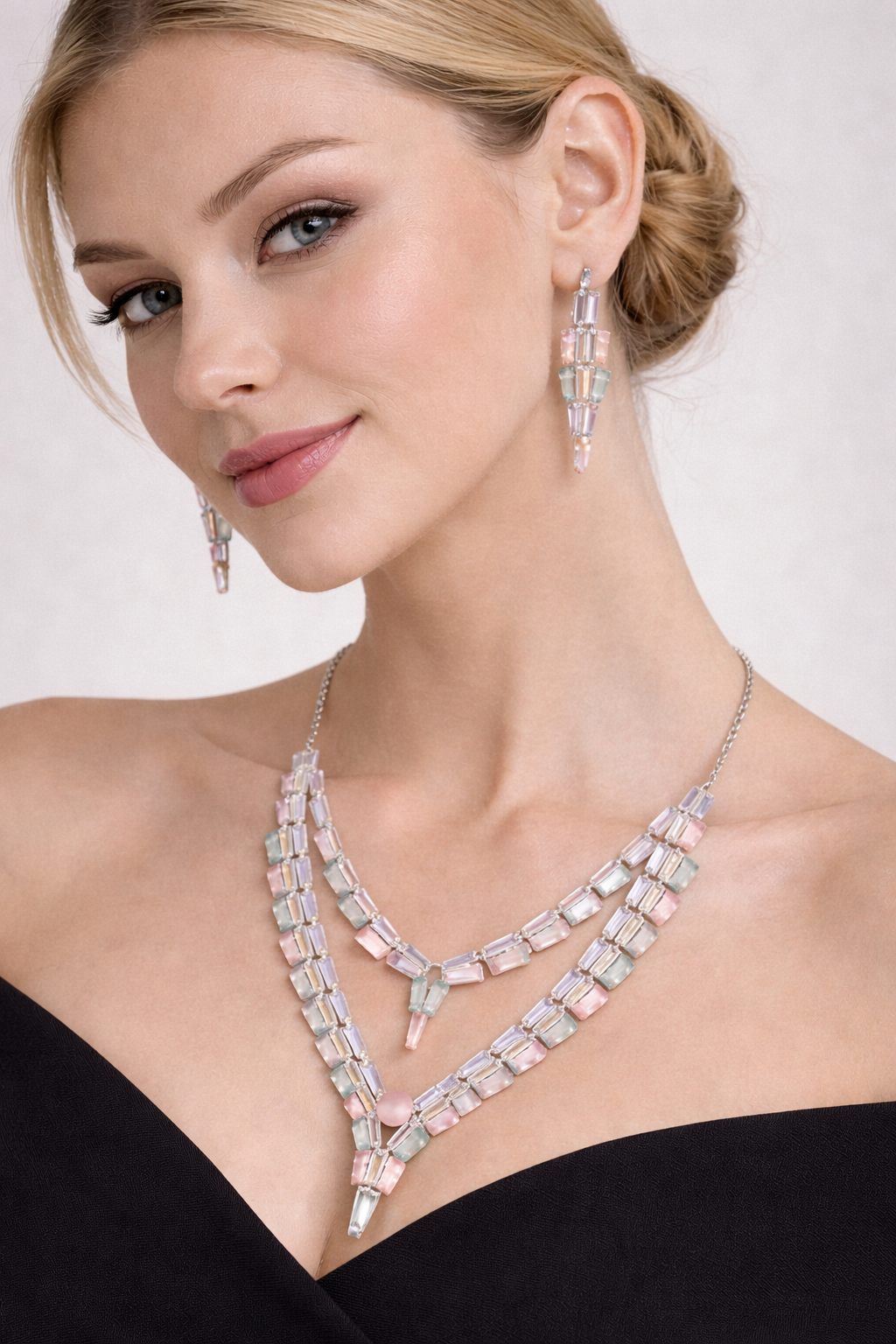 Pastel Crystal Layered Necklace Set with Drop Earrings