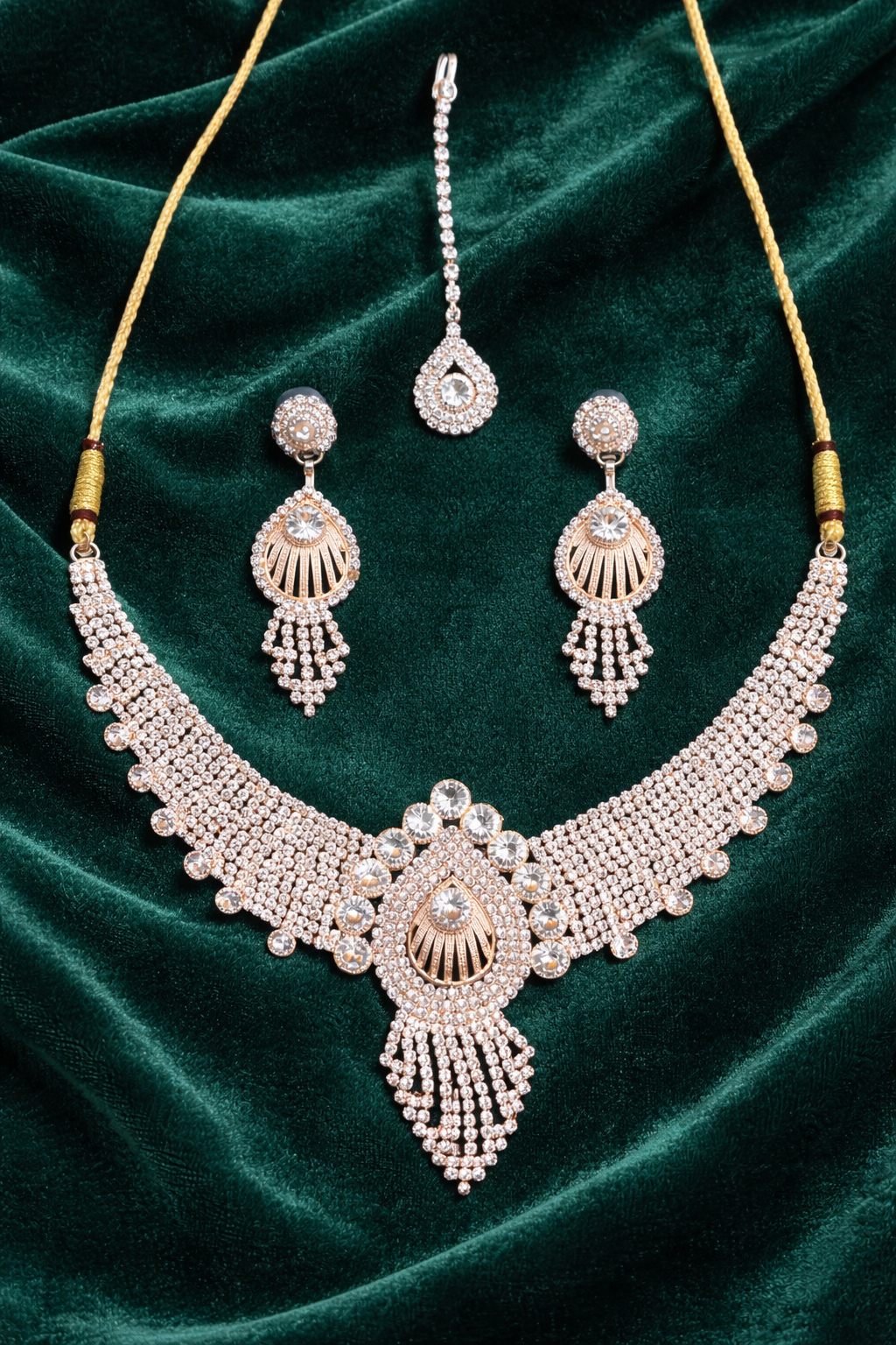 Rose Gold Statement Necklace Set with Crystal Layers and Maang Tikka