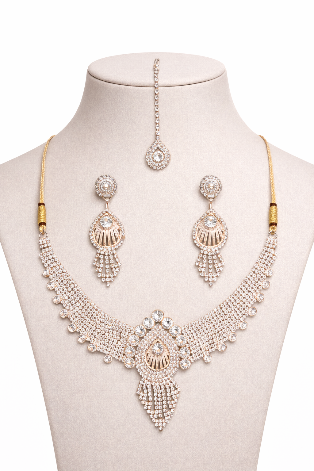 Rose Gold Statement Necklace Set with Crystal Layers and Maang Tikka