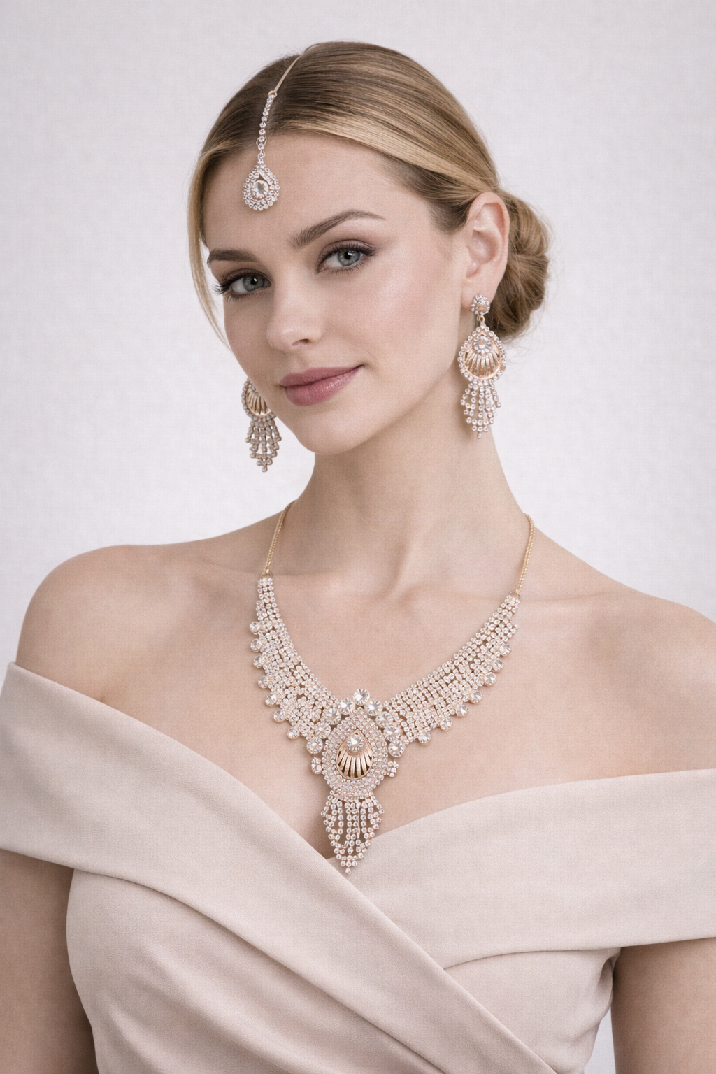 Rose Gold Statement Necklace Set with Crystal Layers and Maang Tikka