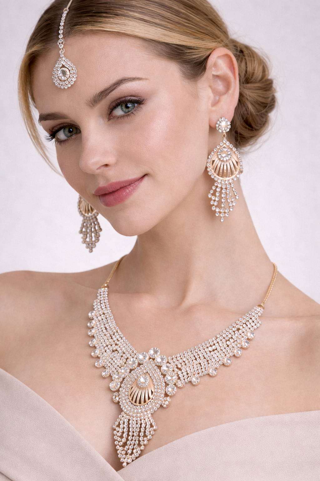 Rose Gold Statement Necklace Set with Crystal Layers and Maang Tikka