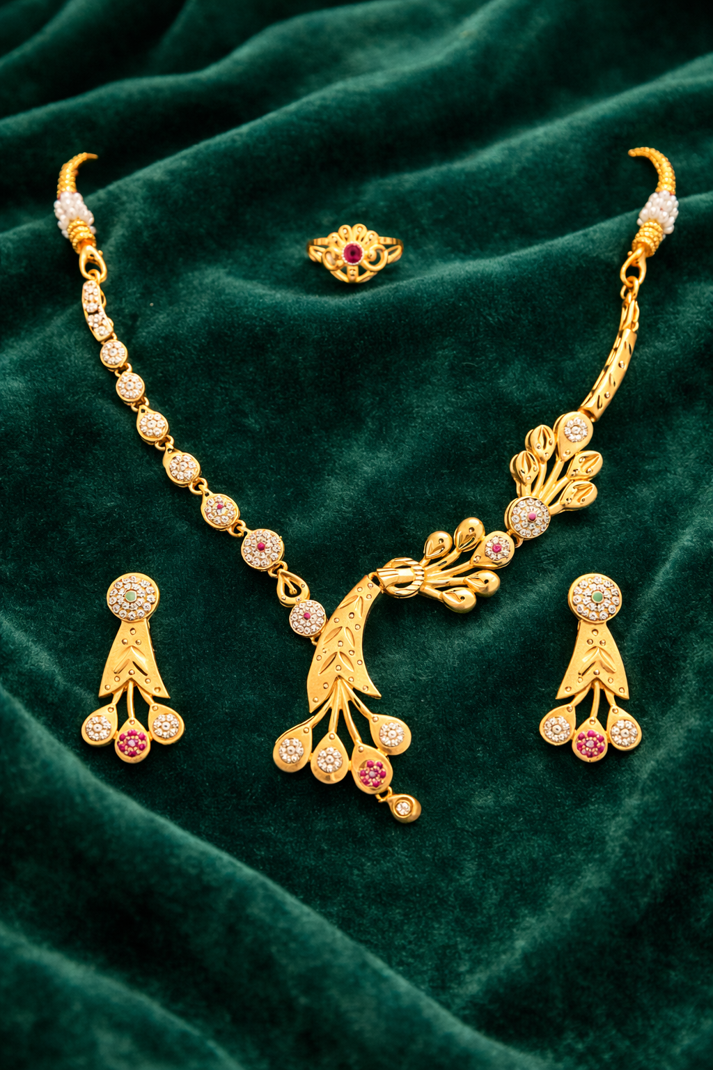 Gold Traditional Necklace Set with Pendant Earrings and Ring