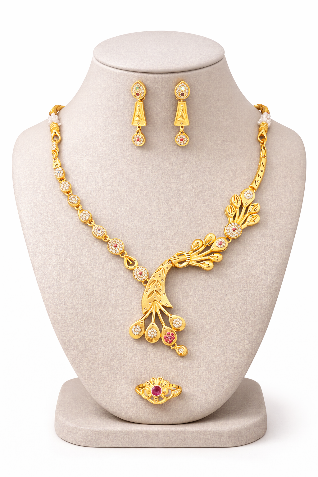 Gold Traditional Necklace Set with Pendant Earrings and Ring