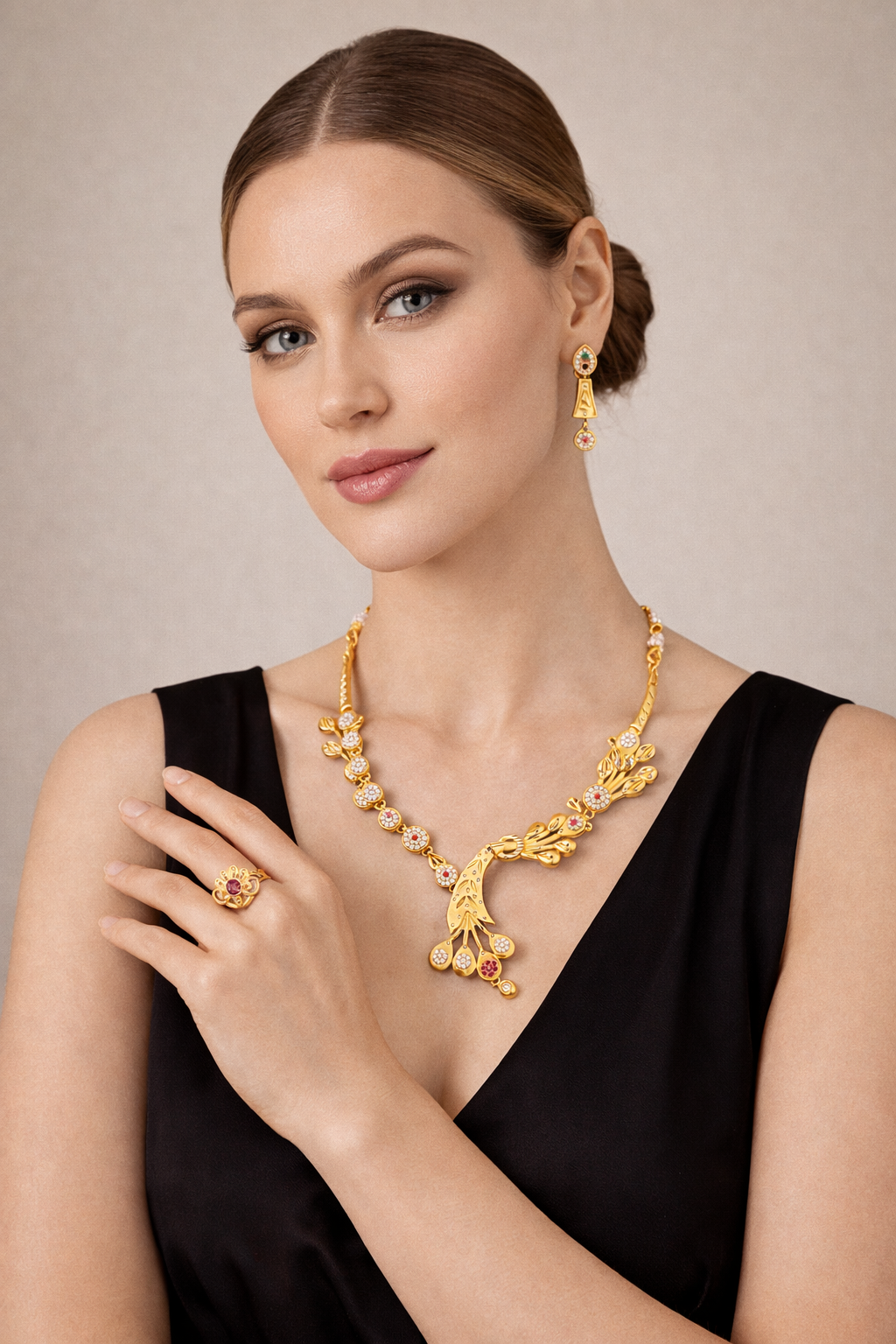 Gold Traditional Necklace Set with Pendant Earrings and Ring