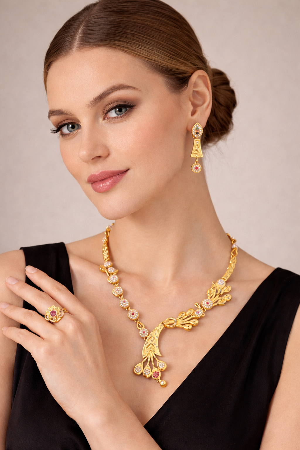 Gold Traditional Necklace Set with Pendant Earrings and Ring