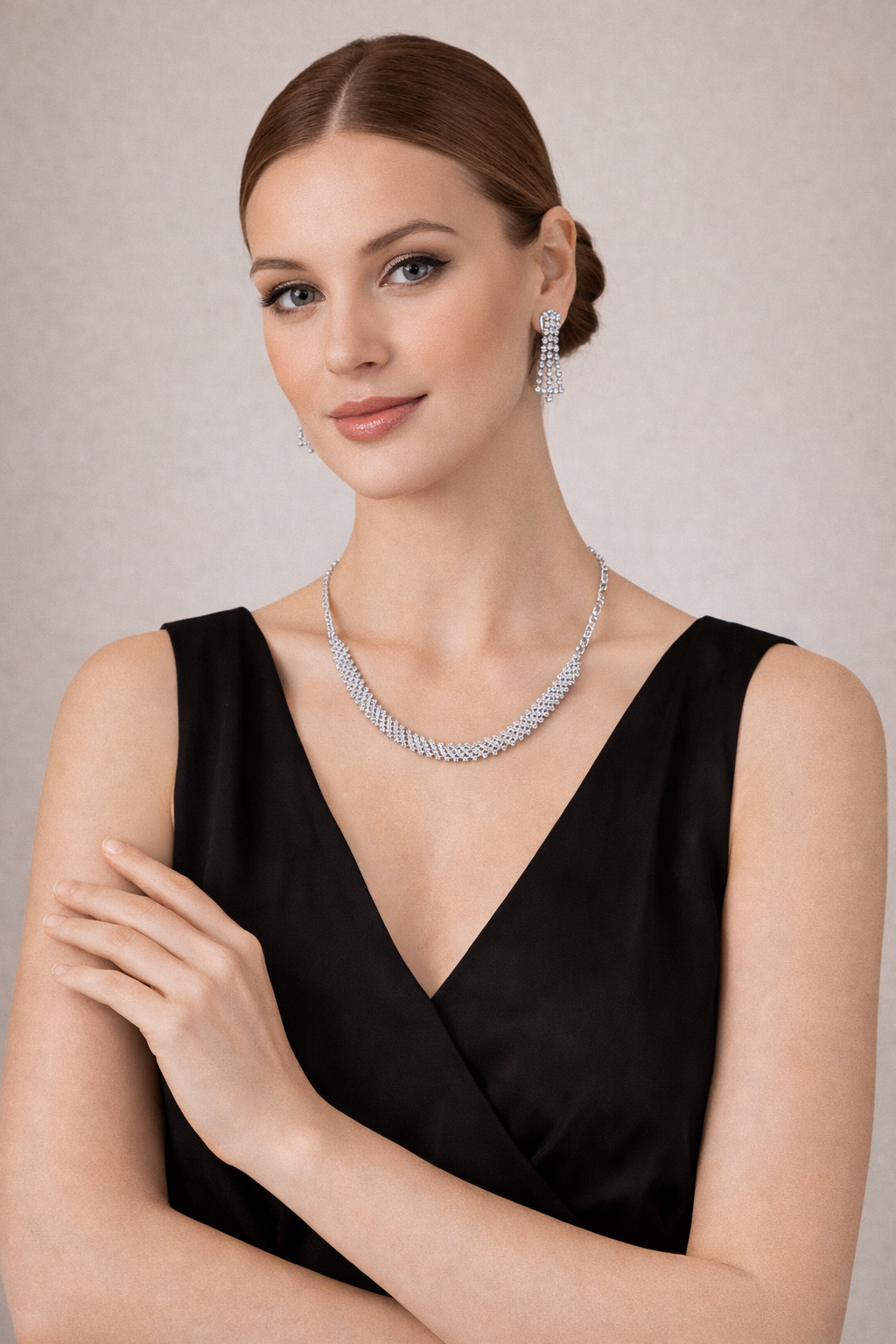 Premium Diamond Finish Necklace Set with Hanging Earrings
