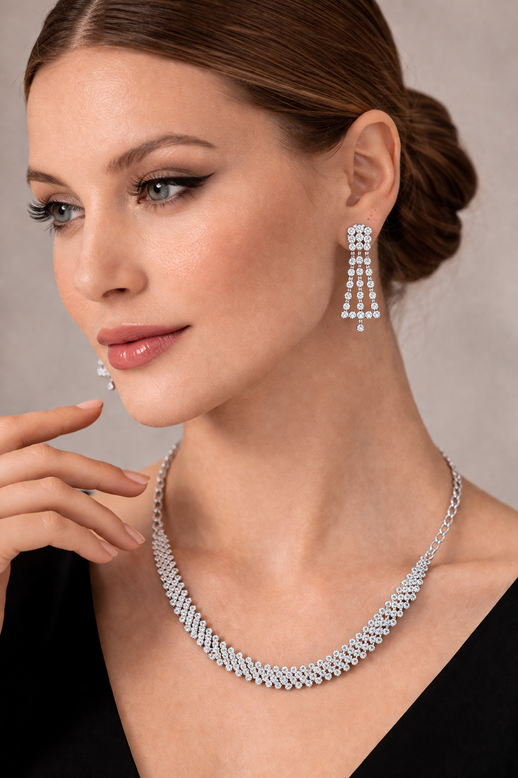 Premium Diamond Finish Necklace Set with Hanging Earrings