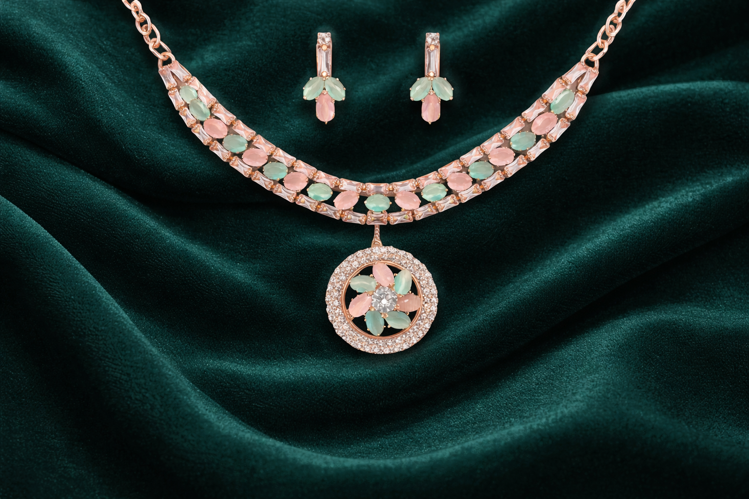 Rose Gold Pastel Stone Necklace Set with Floral Pendant and Earrings