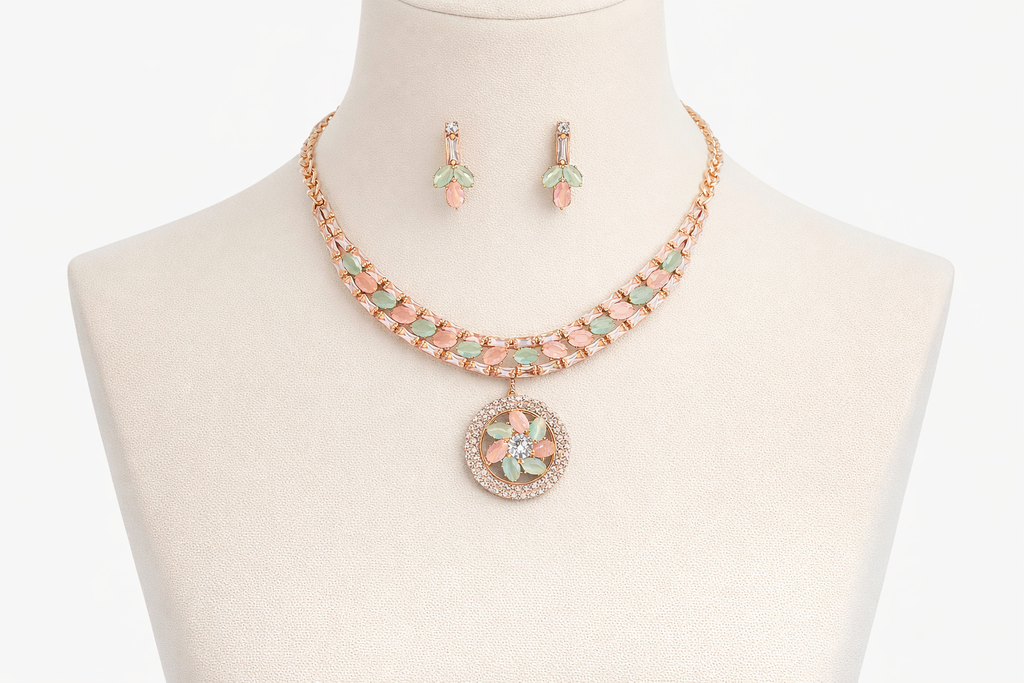 Rose Gold Pastel Stone Necklace Set with Floral Pendant and Earrings