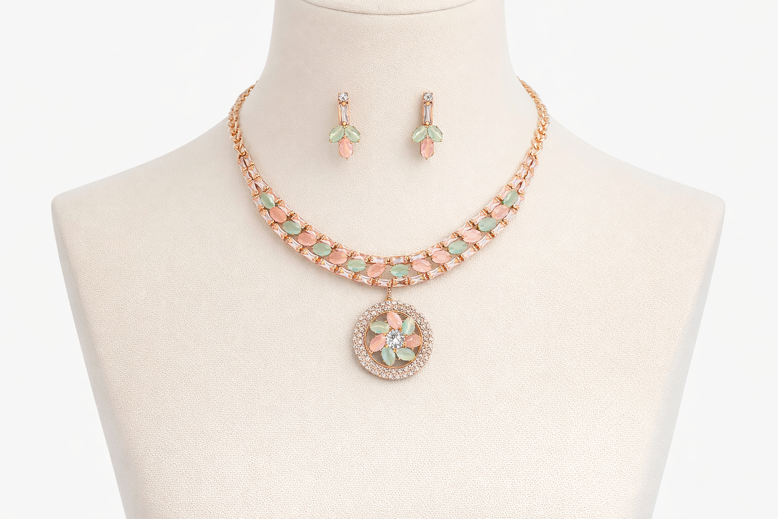 Rose Gold Pastel Stone Necklace Set with Floral Pendant and Earrings