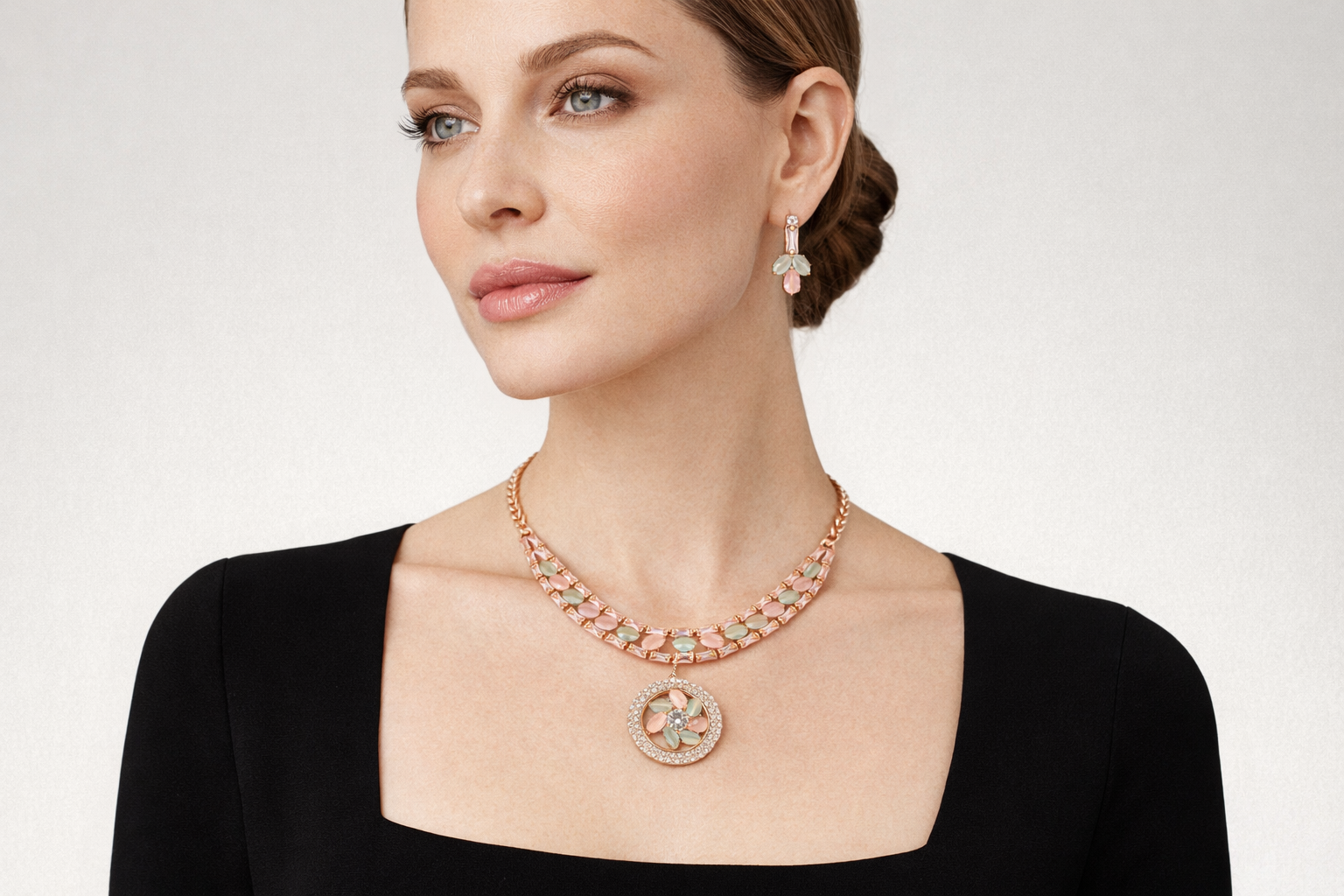 Rose Gold Pastel Stone Necklace Set with Floral Pendant and Earrings