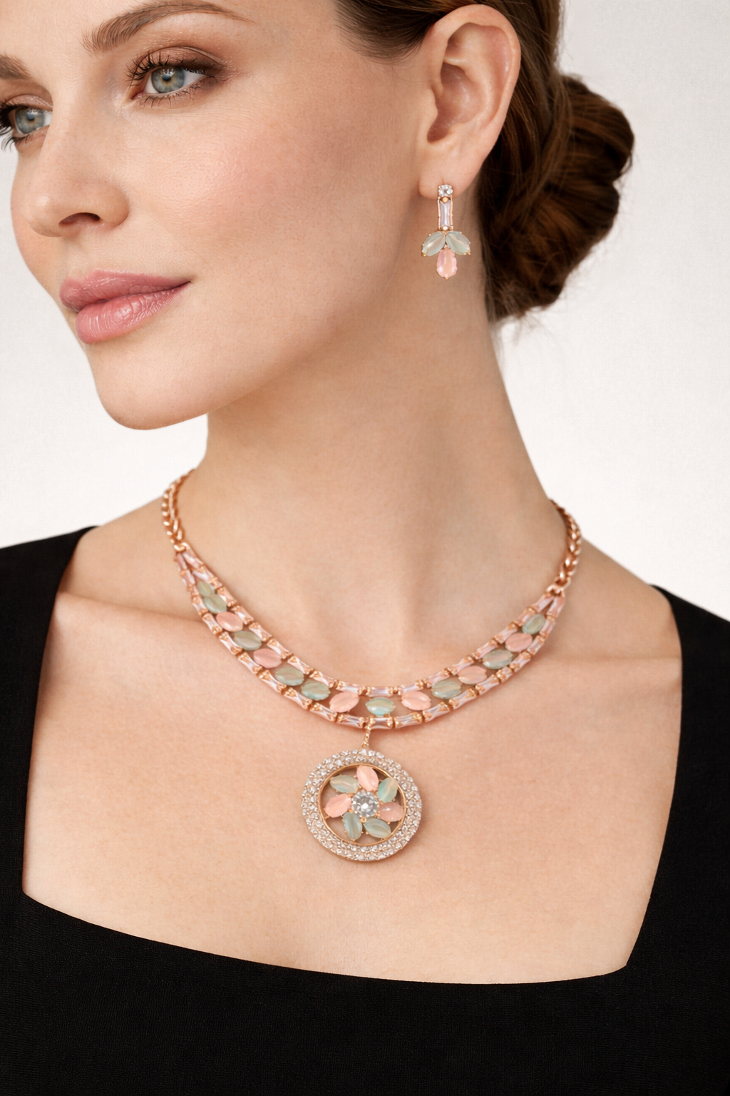 Rose Gold Pastel Stone Necklace Set with Floral Pendant and Earrings