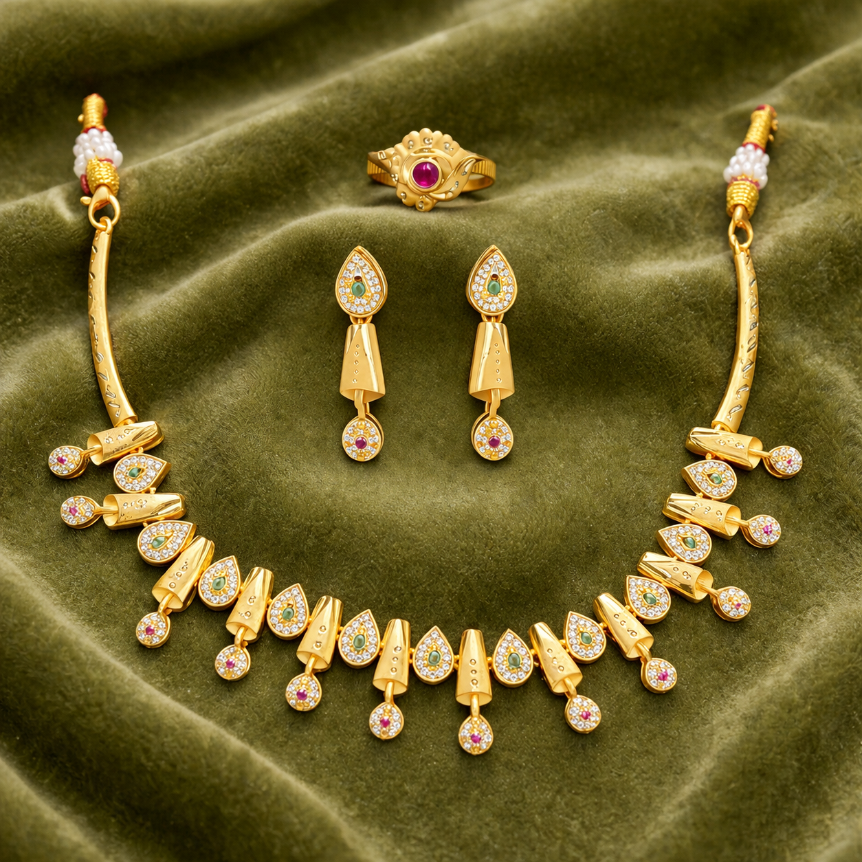 Traditional Gold Necklace Set with Multi Drop Design and Ring