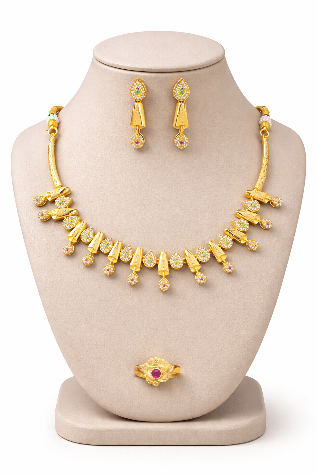 Traditional Gold Necklace Set with Multi Drop Design and Ring