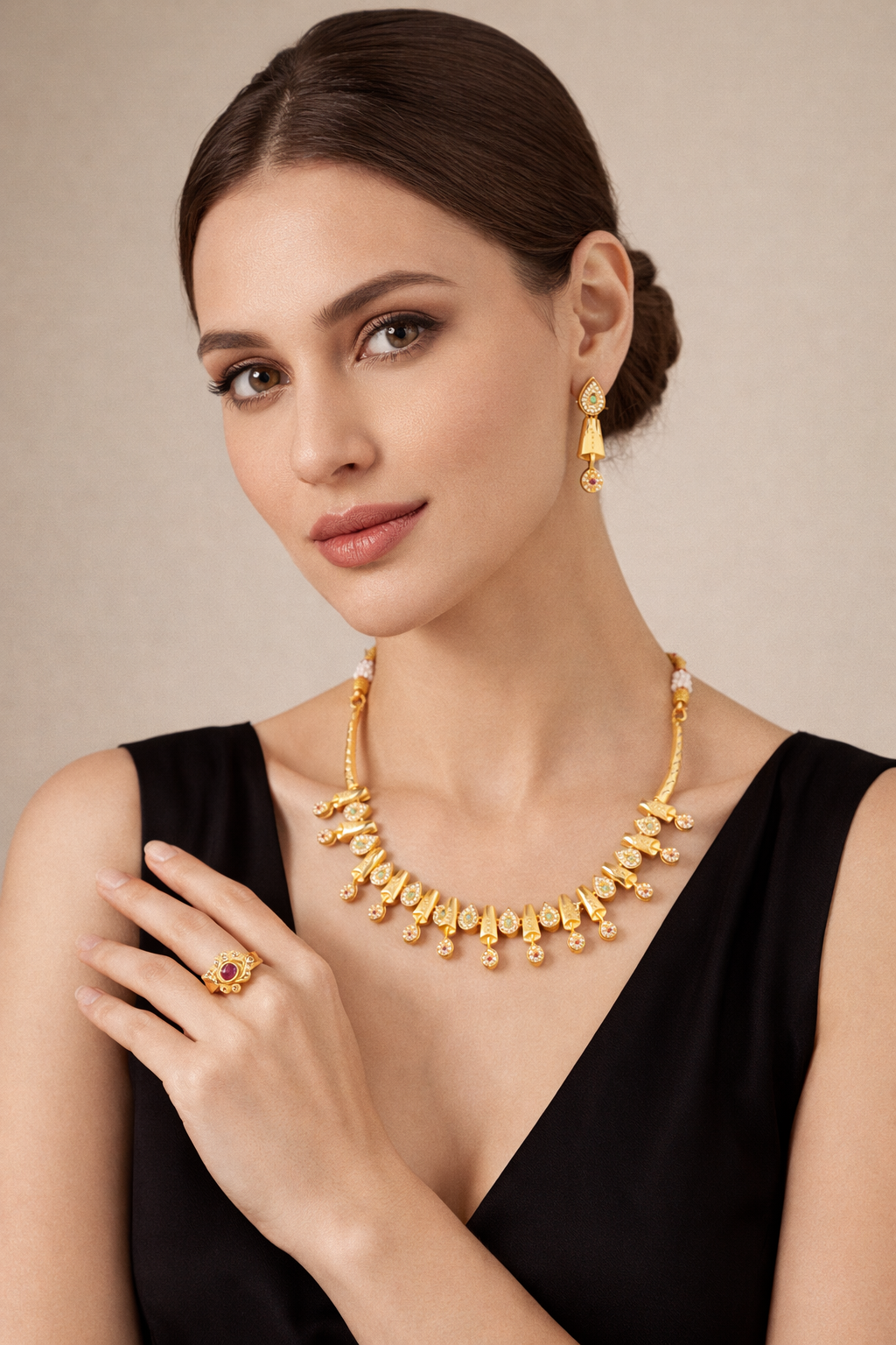Traditional Gold Necklace Set with Multi Drop Design and Ring