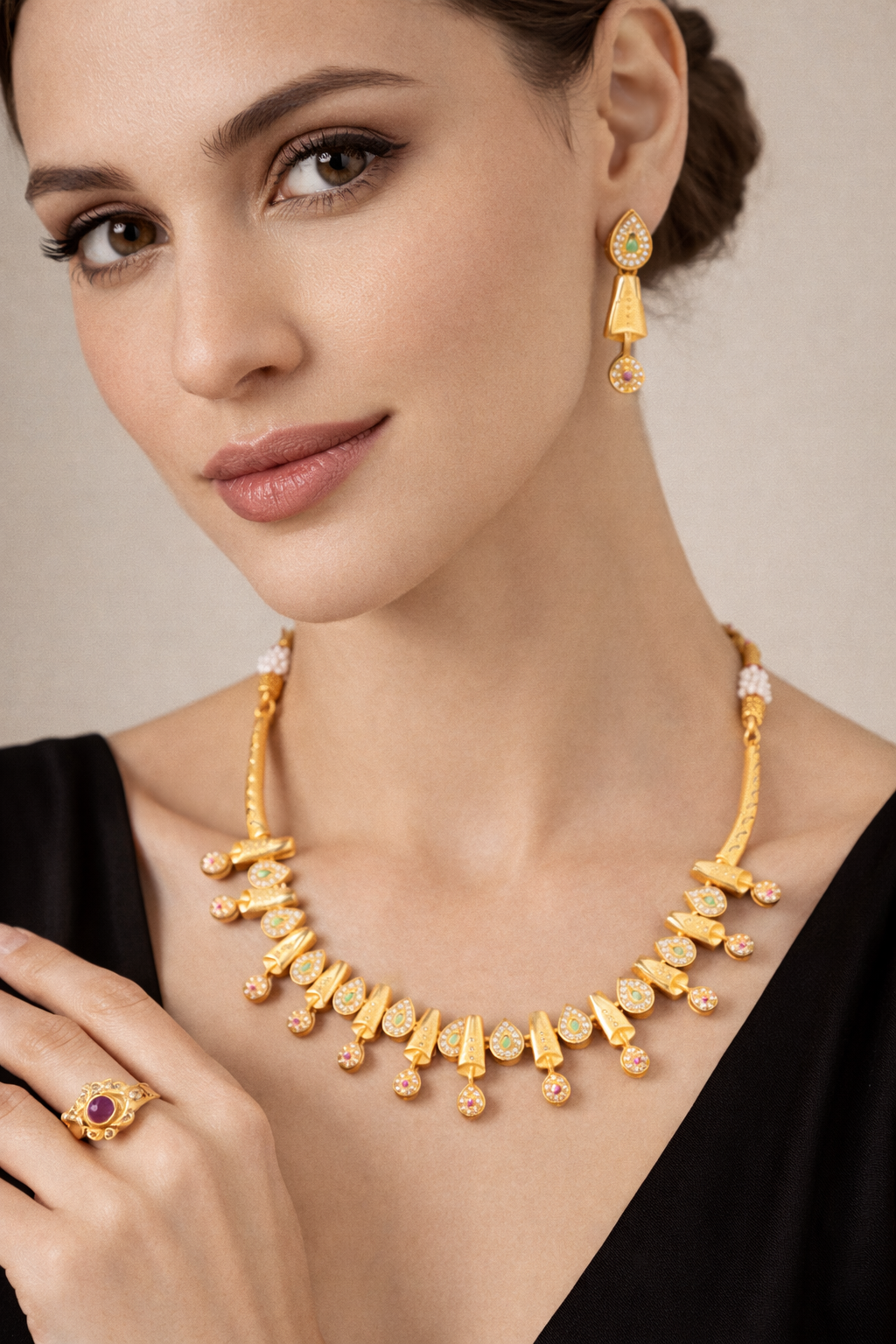 Traditional Gold Necklace Set with Multi Drop Design and Ring