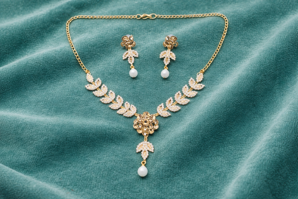 Gold Leaf Floral Necklace Set with Pearl Drops and Matching Earrings