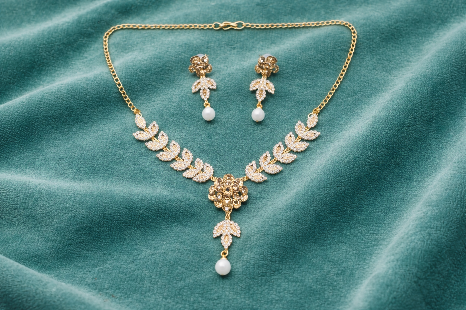 Gold Leaf Floral Necklace Set with Pearl Drops and Matching Earrings