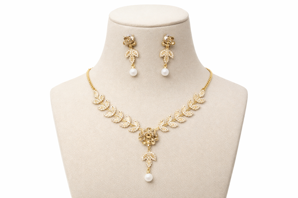 Gold Leaf Floral Necklace Set with Pearl Drops and Matching Earrings