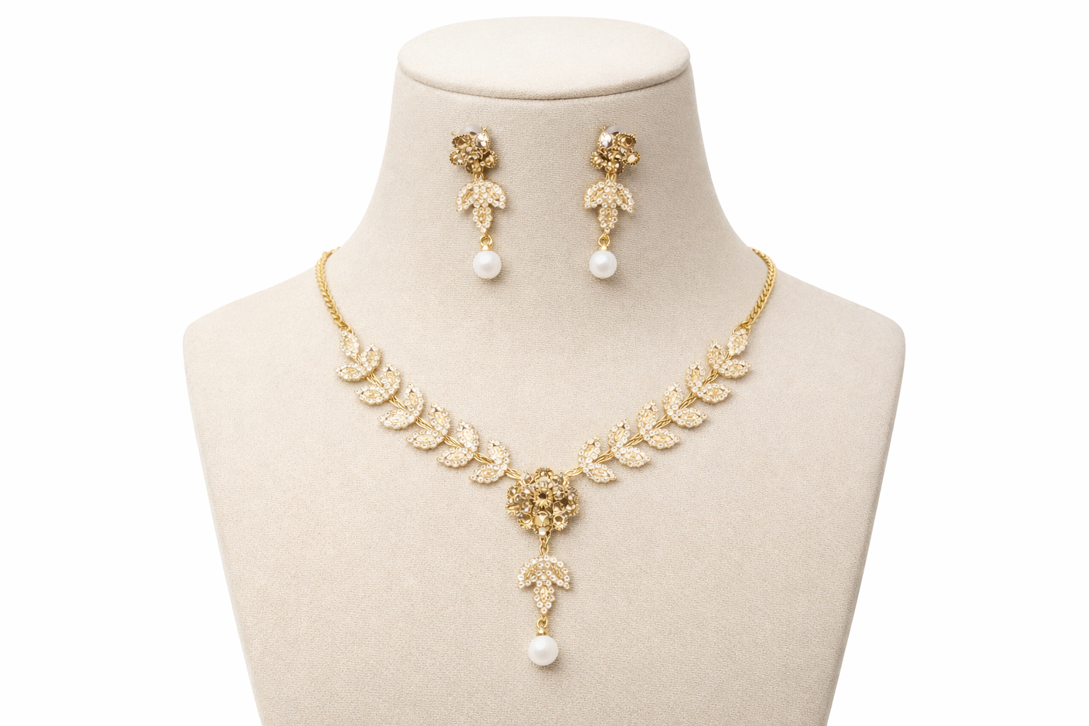 Gold Leaf Floral Necklace Set with Pearl Drops and Matching Earrings