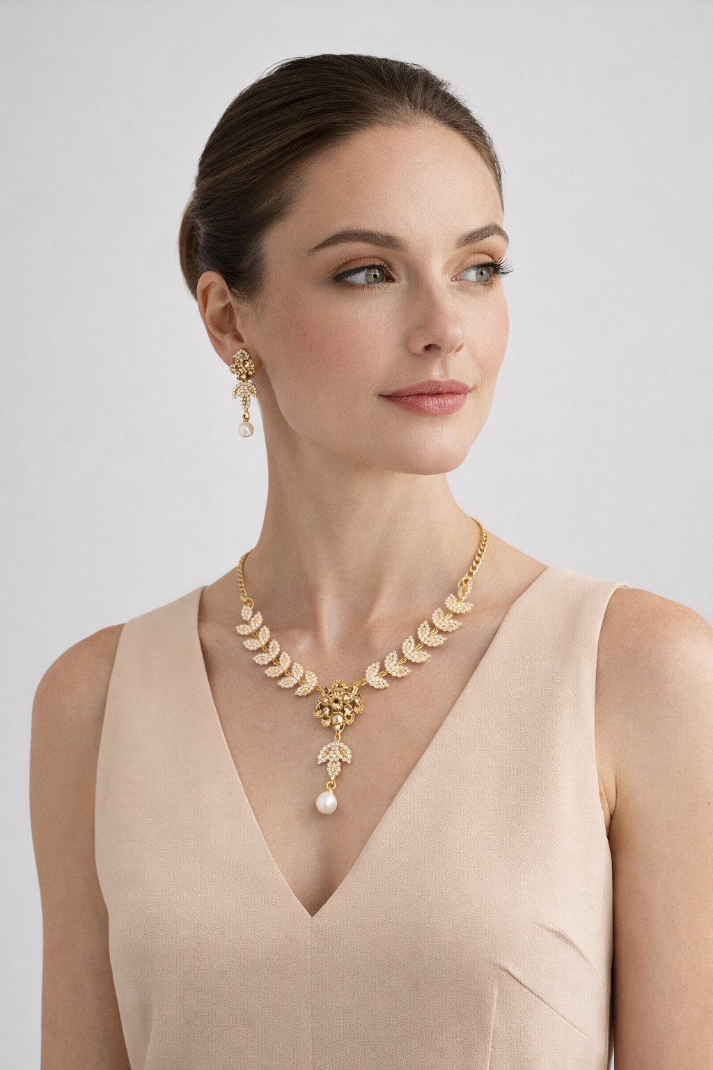 Gold Leaf Floral Necklace Set with Pearl Drops and Matching Earrings