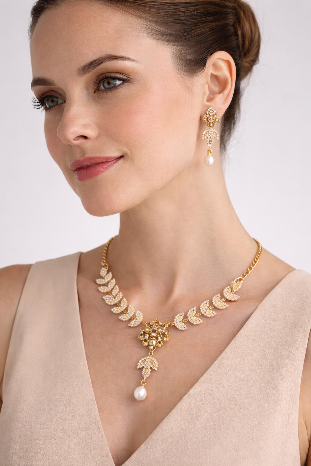 Gold Leaf Floral Necklace Set with Pearl Drops and Matching Earrings