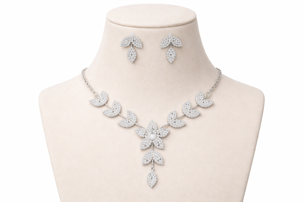 Silver Leaf Floral Necklace Set with Drop Pendant and Stud Earrings