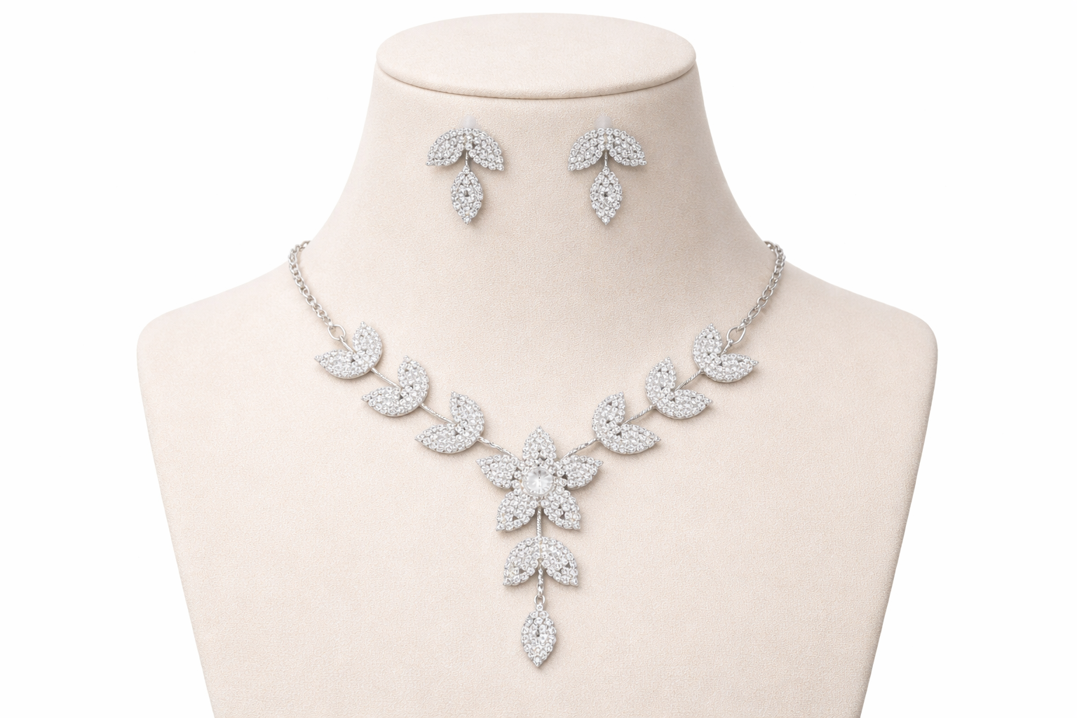 Silver Leaf Floral Necklace Set with Drop Pendant and Stud Earrings