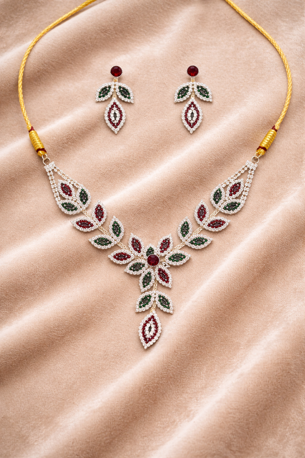 Multicolor Leaf Floral Necklace Set with Red and Green Stones
