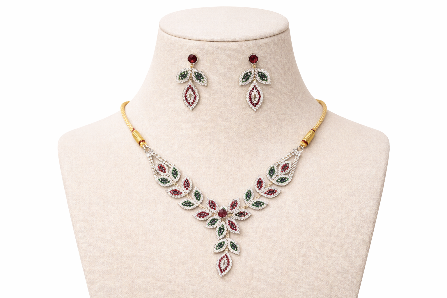 Multicolor Leaf Floral Necklace Set with Red and Green Stones