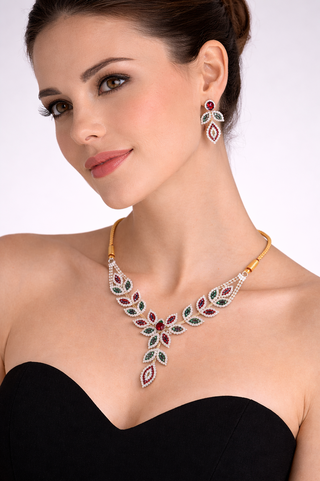 Multicolor Leaf Floral Necklace Set with Red and Green Stones