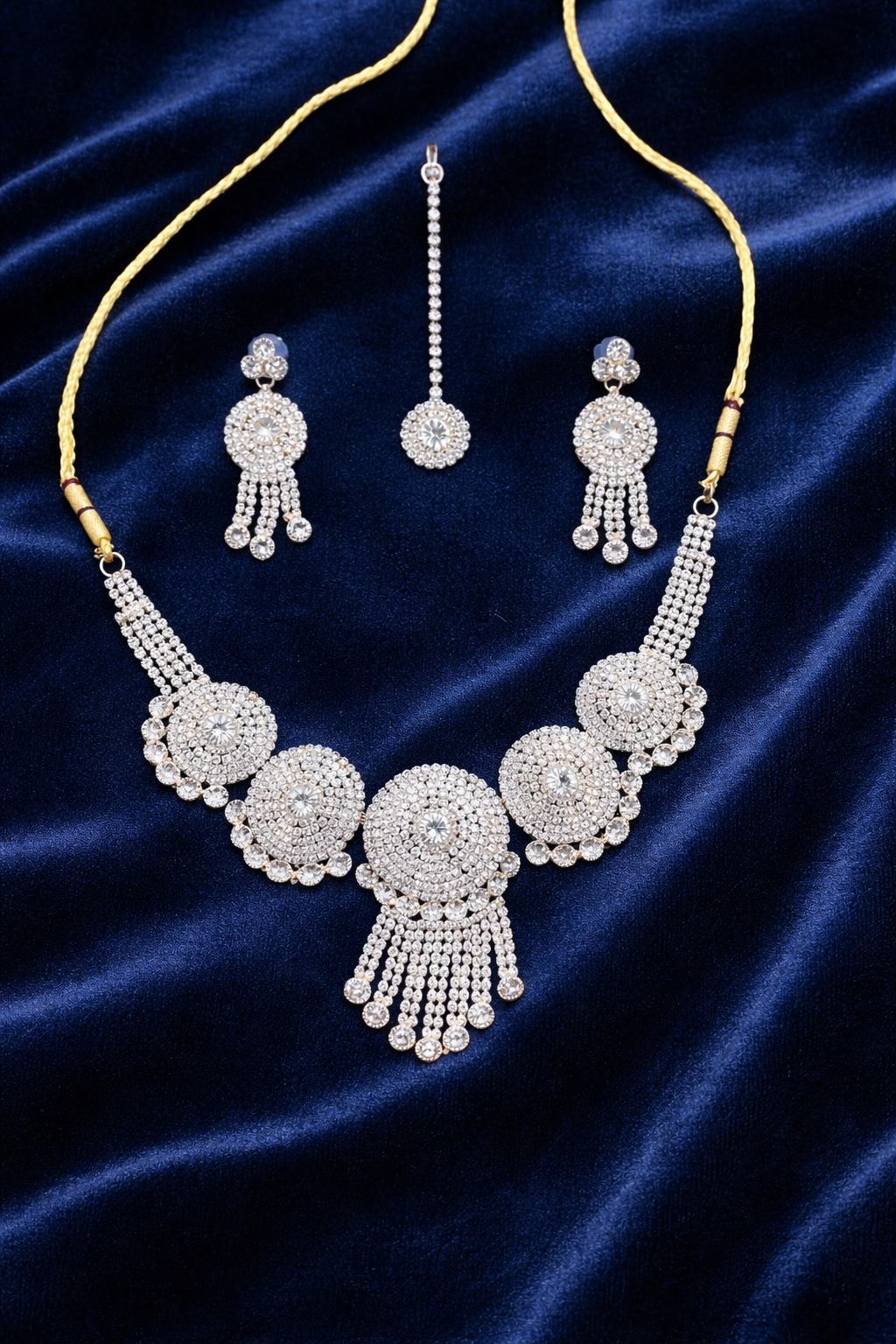 Circular Stone Statement Necklace Set with Tassel Drops and Earrings