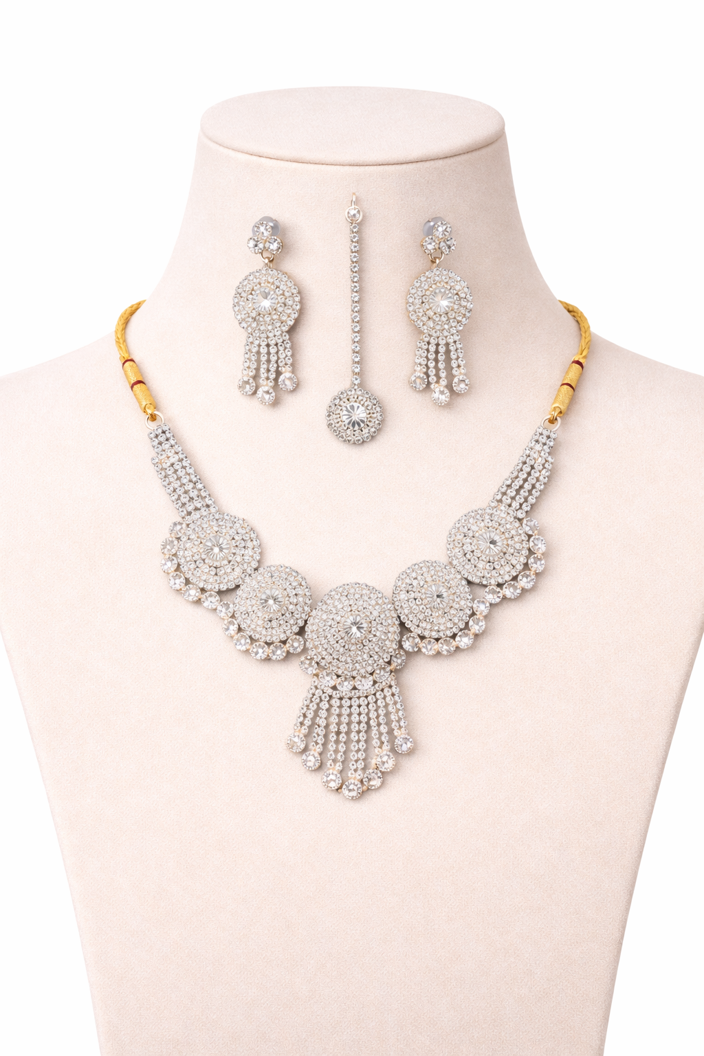Circular Stone Statement Necklace Set with Tassel Drops and Earrings