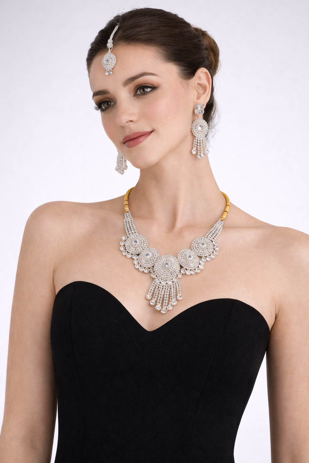 Circular Stone Statement Necklace Set with Tassel Drops and Earrings