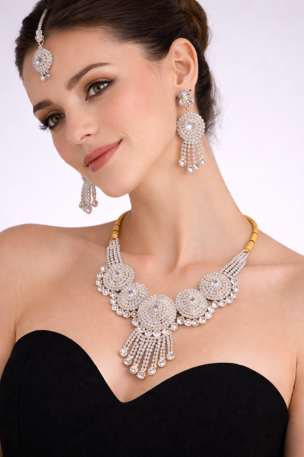 Circular Stone Statement Necklace Set with Tassel Drops and Earrings