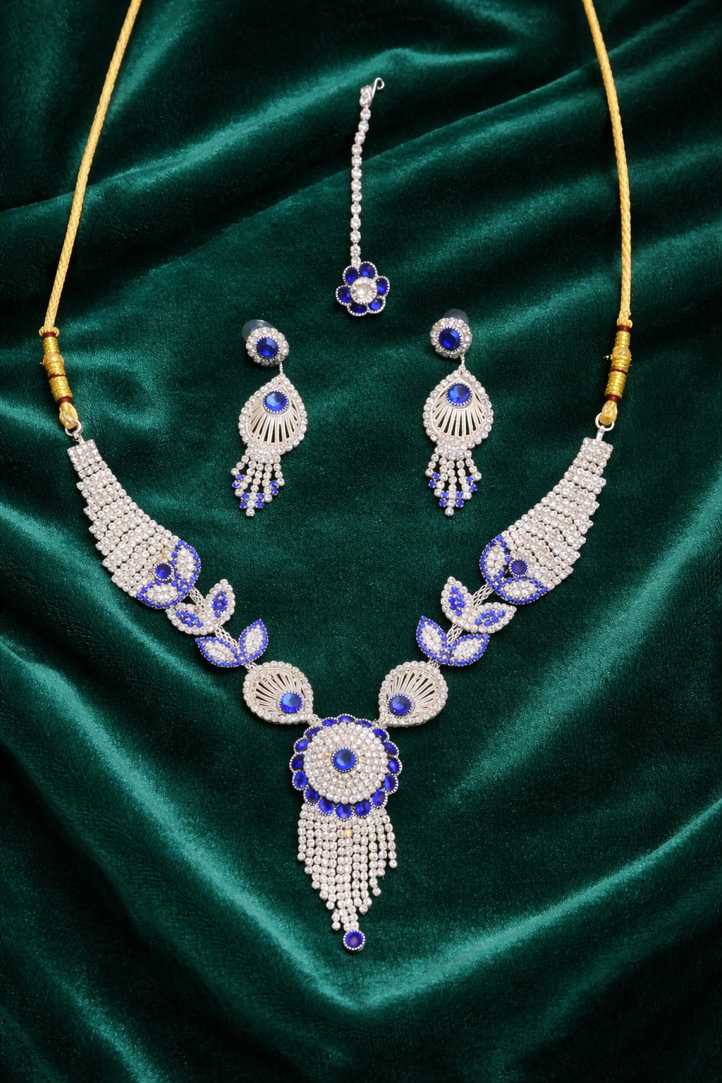 Blue Stone Statement Necklace Set with Circular Pendant and Tassel Drops