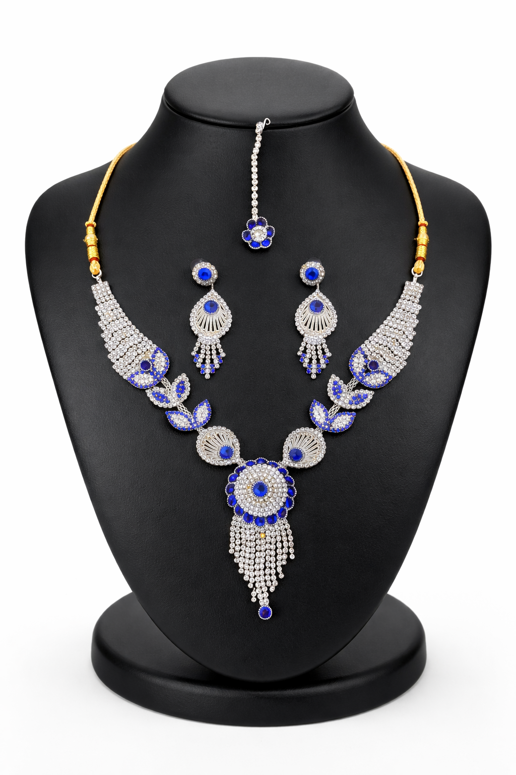 Blue Stone Statement Necklace Set with Circular Pendant and Tassel Drops
