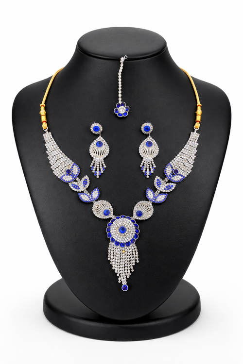 Blue Stone Statement Necklace Set with Circular Pendant and Tassel Drops