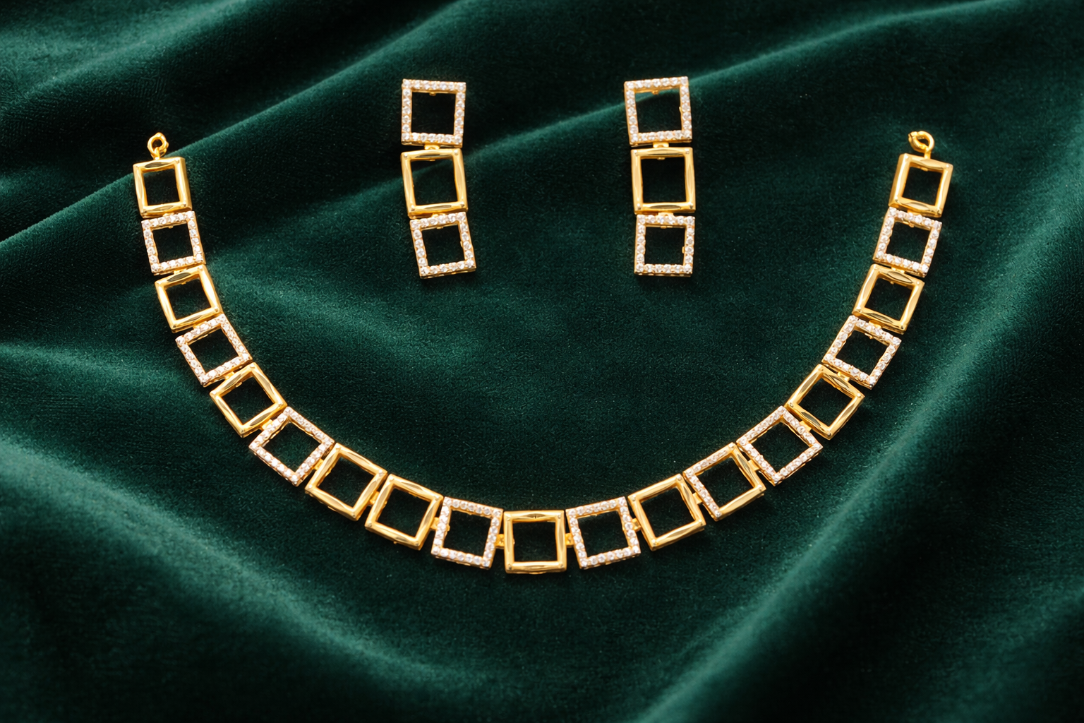 Geometric Square Gold Necklace Set with Stud Earrings