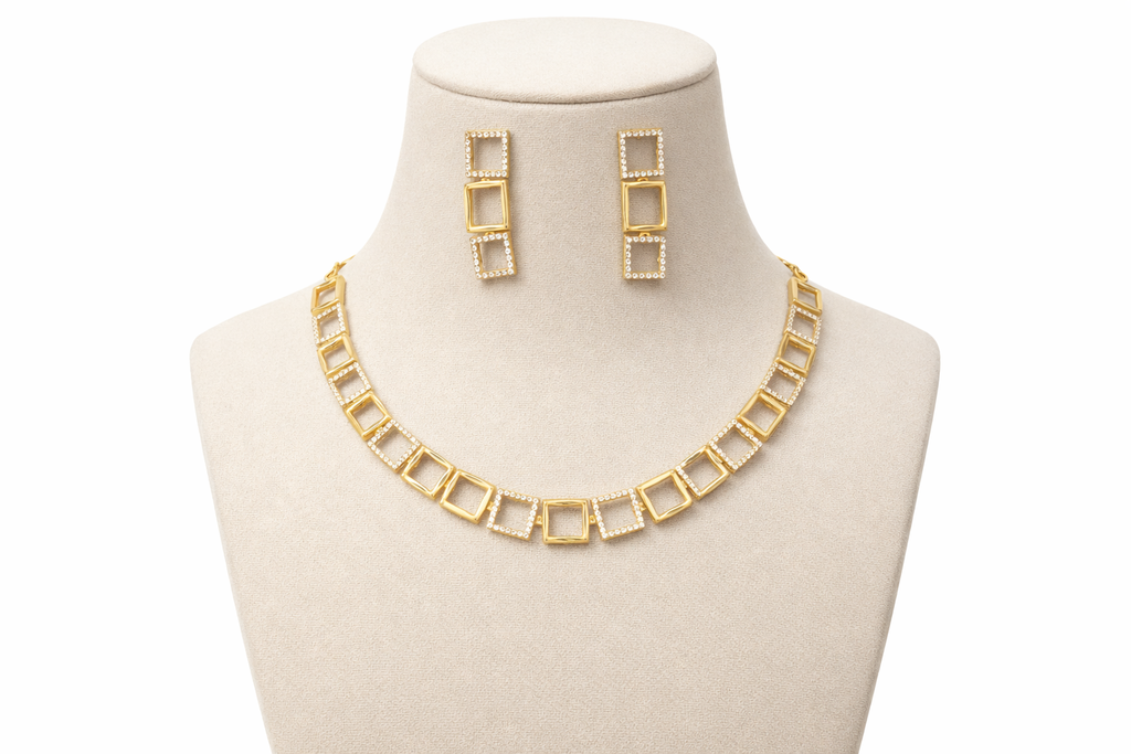 Geometric Square Gold Necklace Set with Stud Earrings