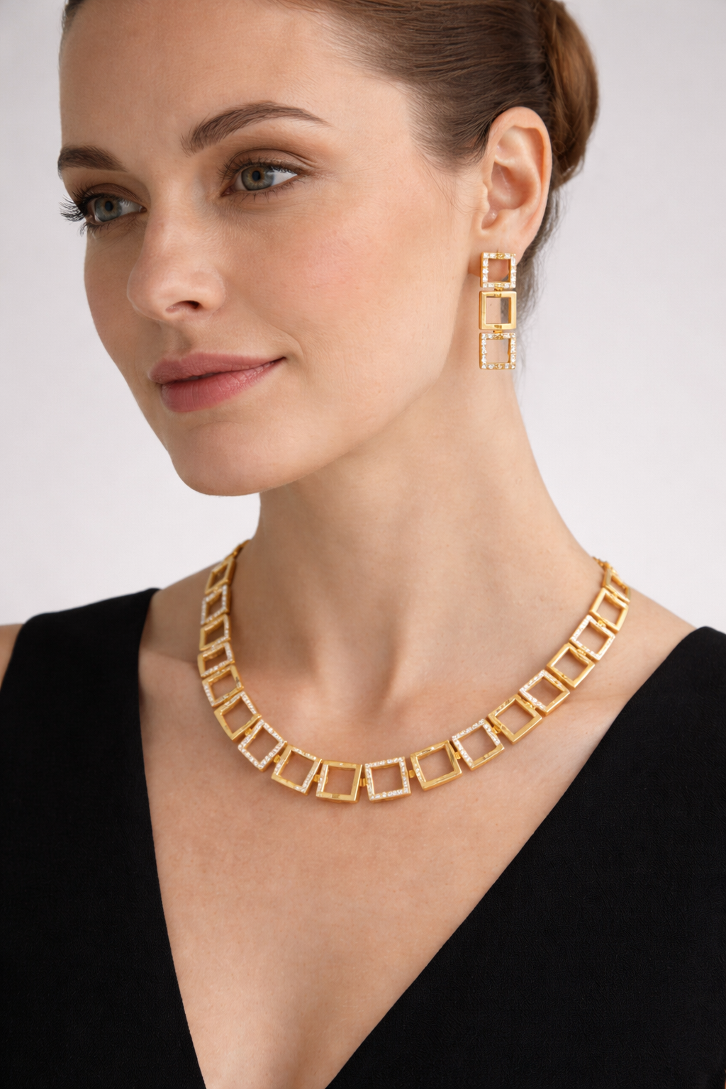 Geometric Square Gold Necklace Set with Stud Earrings