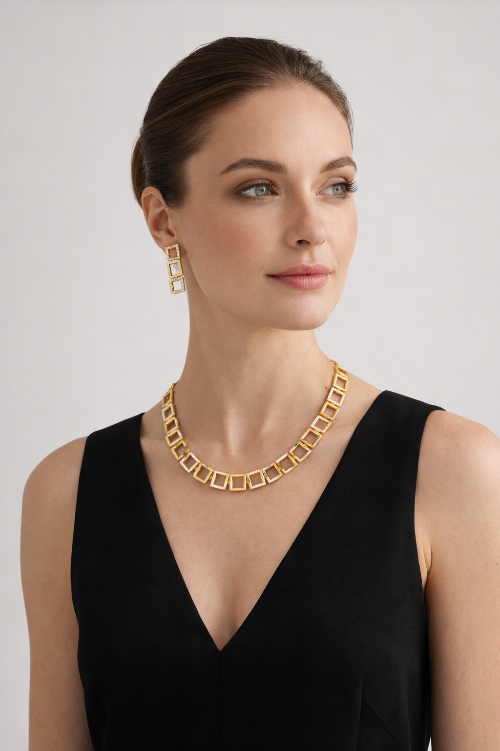 Geometric Square Gold Necklace Set with Stud Earrings