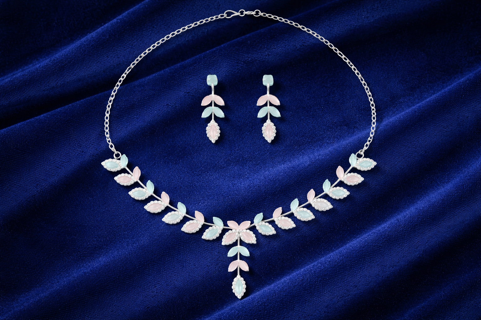 Pastel Leaf AD Necklace Set with Pink and Mint Stones and Earrings