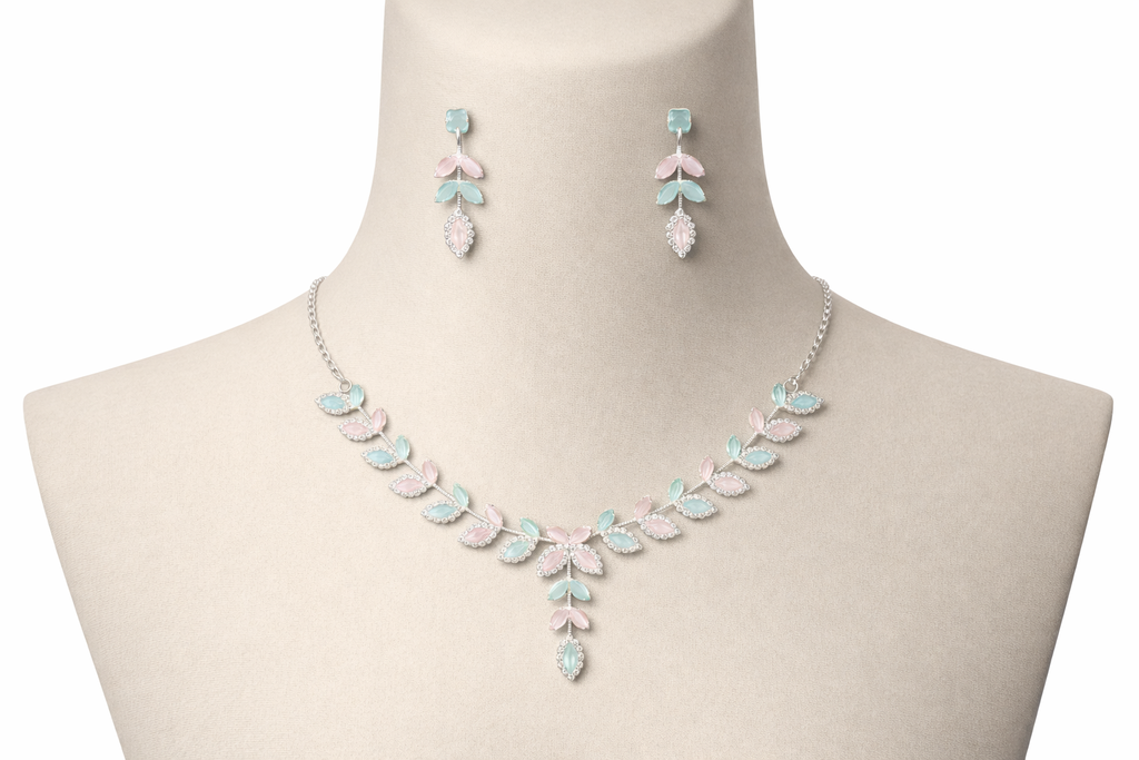 Pastel Leaf AD Necklace Set with Pink and Mint Stones and Earrings