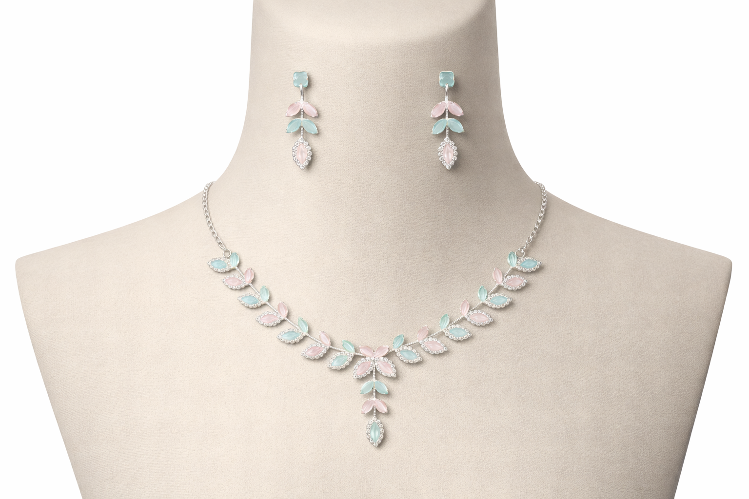Pastel Leaf AD Necklace Set with Pink and Mint Stones and Earrings