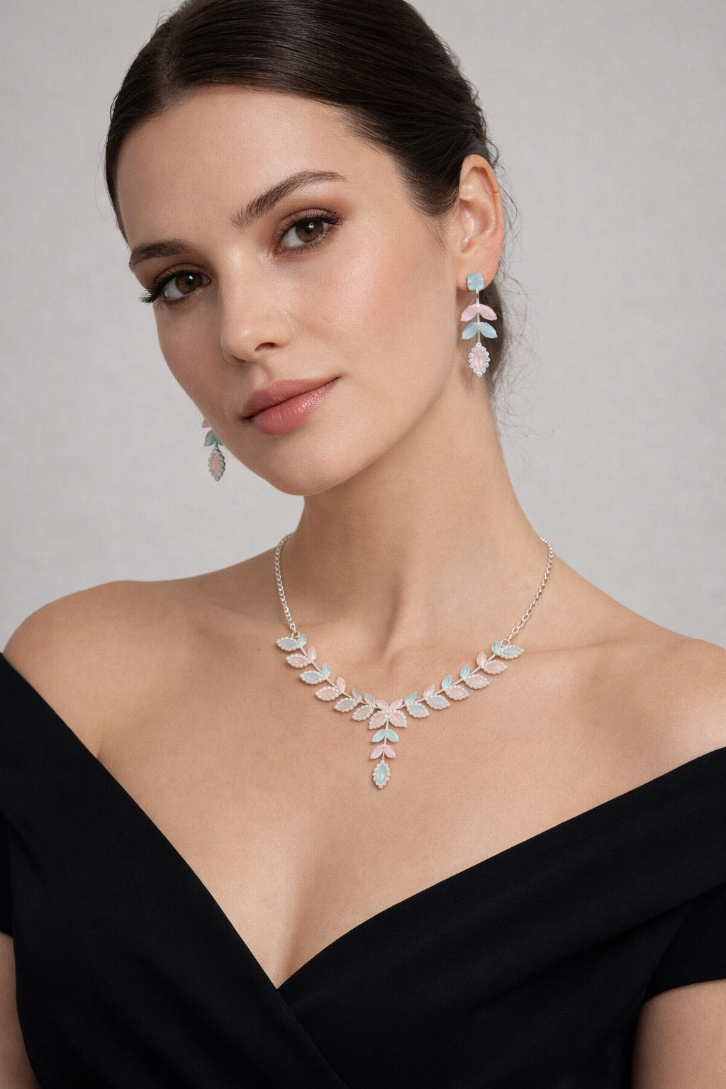 Pastel Leaf AD Necklace Set with Pink and Mint Stones and Earrings