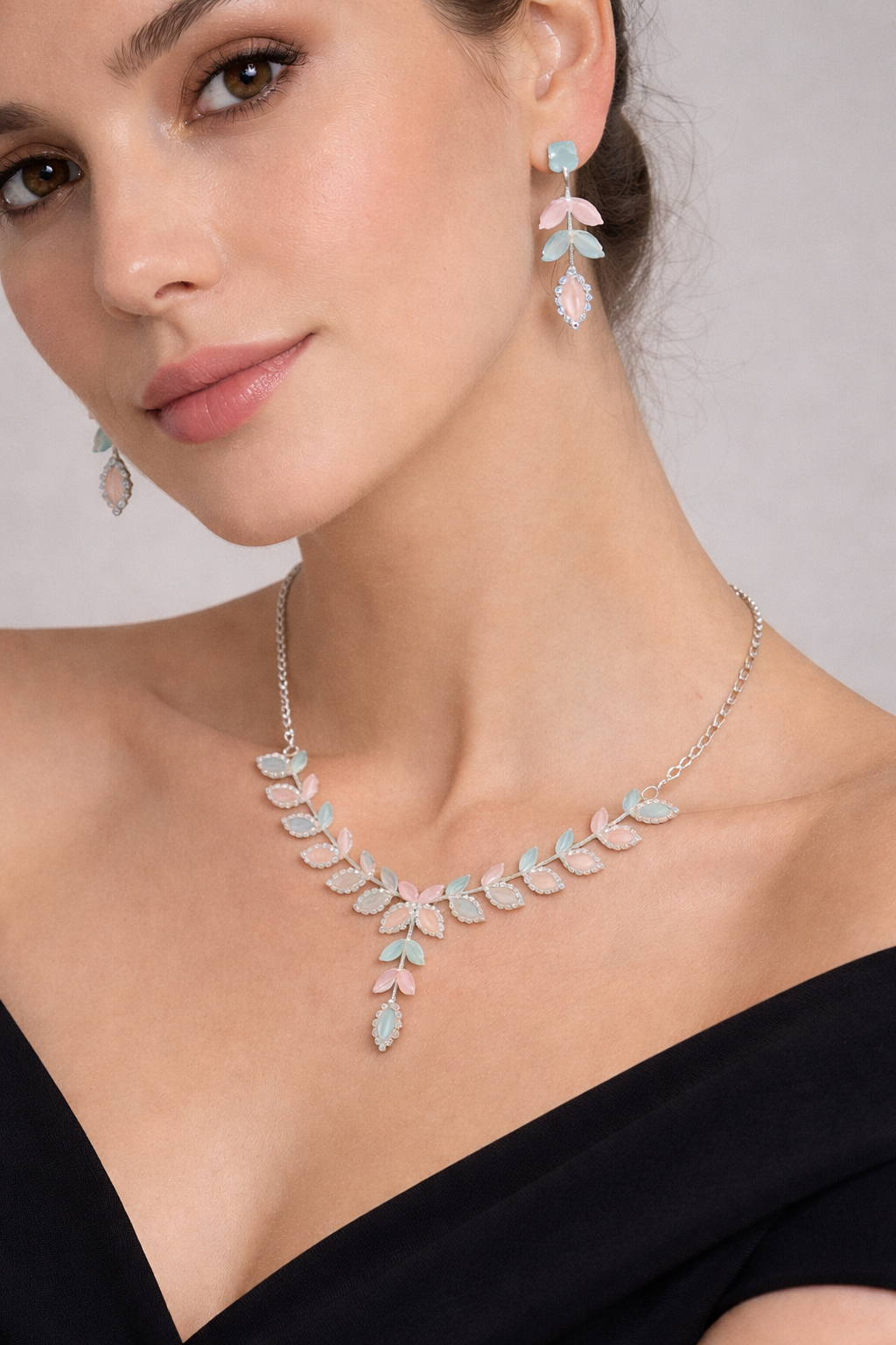 Pastel Leaf AD Necklace Set with Pink and Mint Stones and Earrings